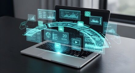 Futuristic laptop displaying data visualizations and digital interface elements, technology concept.