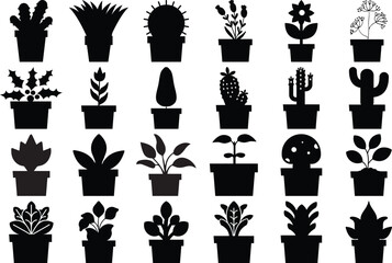 Potted Plant Silhouette Icons Set of Indoor and Decorative Plants