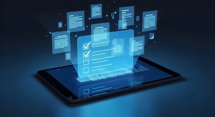 Digital checklist displayed on a tablet screen, representing online forms and task management in a futuristic interface.