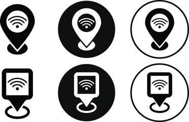  wifi icon with pointer icon set. Geolocation mark on the map. Map marker sign. Map pointer symbol