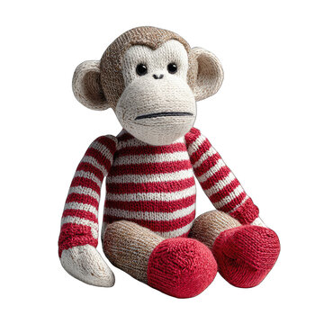 Knitted monkey plush toy, seated, wearing striped sweater and red socks