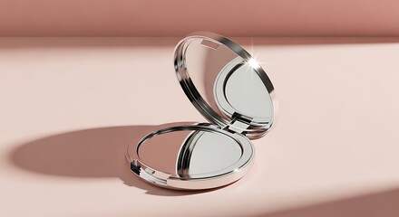 Open Compact Mirror with Blush, Silver, Pink Background.