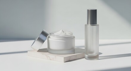 Minimalist Skincare Products: Cream Jar and Bottle on White Surface