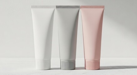 Three Minimalist Cosmetic Tubes in White, Sage, and Pink with Ribbed Caps on a Clean Background
