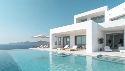 Modern white house with infinity pool overlooking ocean. Luxury villa with lounge chairs and umbrella by pool. Sea view from house deck with clear blue sky.