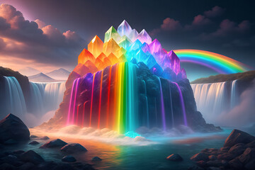 Rainbow-colored radiant waterfall cascading from floating crystal mountain surreal fantasy visionary futuristic abstract artistic imaginative glowing luminous concept