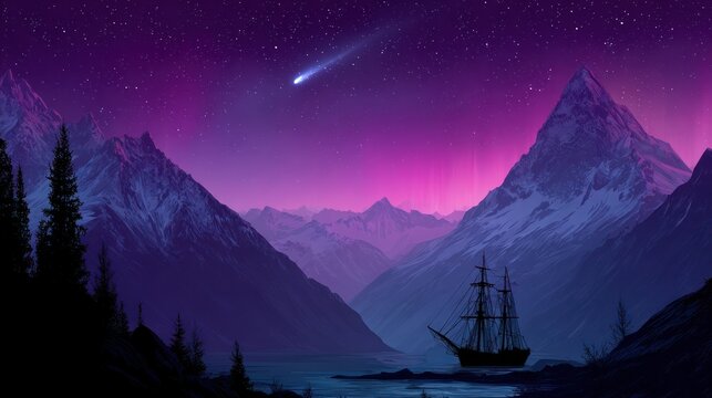 Silhouette of a ship sailing in a mountain lake under a starry sky