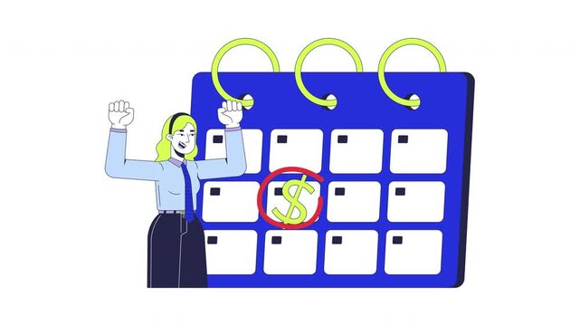 Payday calendar happy 2D animation. Income paycheck calender monthly. Excited female employee celebrating salary day pay animated character cartoon flat concept metaphor 4K video isolated on white
