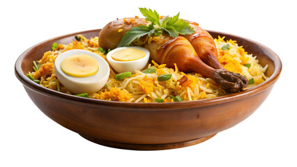 Aromatic chicken biryani isolated on transparent background, a flavorful rice dish with tender chicken, boiled egg, and fragrant spices, a culinary masterpiece
