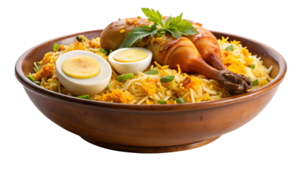 Aromatic chicken biryani isolated on transparent background, a flavorful rice dish with tender chicken, boiled egg, and fragrant spices, a culinary masterpiece