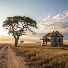 Dusty Road to the Old House Sunset on the Plains, Rural , Decay