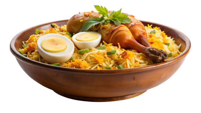 Aromatic chicken biryani isolated on transparent background, a flavorful rice dish with tender chicken, boiled egg, and fragrant spices, a culinary masterpiece