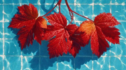 Bright red leaves with shadows floating on sunlit blue water with a tiled pattern, a vibrant and refreshing summer nature background.