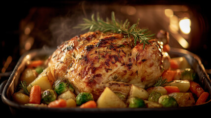 Thanksgiving centerpiece turkey surrounded by vegetables lifted from oven, steam glowing under warm light, inviting holiday spirit filling kitchen