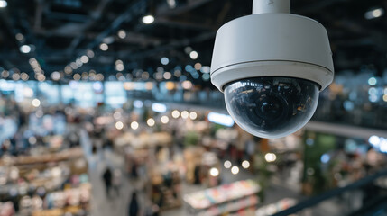 Obraz premium Dome surveillance camera in modern department store ceiling, shiny lens reflecting light, blurred customers exploring merchandise aisles in backdrop