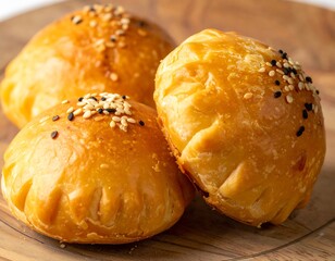 Golden pastries on wooden plate