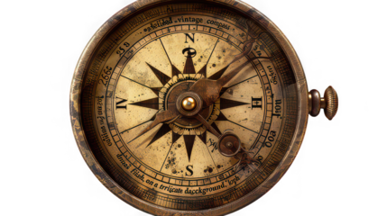 A vintage compass with a detailed face and needle pointing north on a black background