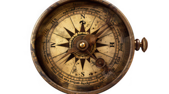 A vintage compass with a detailed face and needle pointing north on a black background