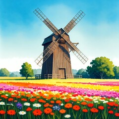 Old wooden windmill in a field of colorful flowers, beautiful rural landscape.
