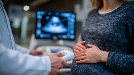 Doctor performing ultrasonography with handheld sensor on expectant motherâs belly, close-up focus on device and gentle medical touch, blurred monitor in background