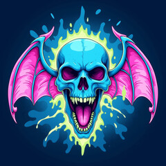screaming neon skull with bat wings