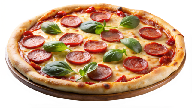 Delicious pepperoni pizza with fresh basil leaves isolated on transparent background a tasty italian classic, perfect for a quick and satisfying meal