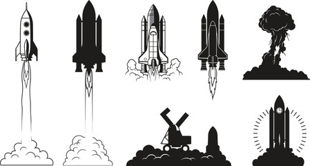 Black and white vector illustration set of rockets, space shuttles, missile launchers, explosions, and space exploration launch concepts collection