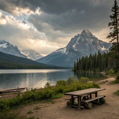 Lakeview Picnic Spot with Mountain Backdrop, Tranquility, Nature
