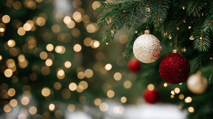 Close-up of Christmas tree branch adorned with red and gold baubles, shiny fairy lights twinkling softly, green needles glistening with festive charm