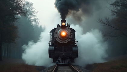 Vintage steam locomotive moves through the forest. The old train emits dark smoke against a misty backdrop. Front view on railway tracks represents travel and transport.
