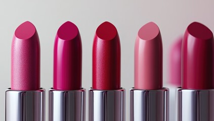 Obraz premium Close-up of five lipsticks in varying shades of pink and red, arranged in a row