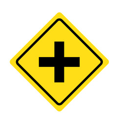 Crossroads intersection warning sign, four-way traffic. Yellow diamond safety vector icon