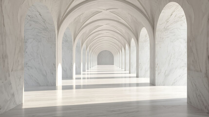 Fototapeta premium A tranquil, surreal corridor characterized by white marble arches and soft natural lighting.