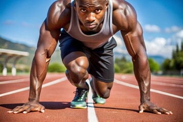 A sprinter in starting position on a red track, focused and ready to launch into motion. Wearing red and black sportswear, the athlete is captured in a moment of intense concentration and power.