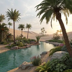 Fototapeta premium Oasis Serenity Palm Trees and Water in Desert Landscape,Desert,Oasis