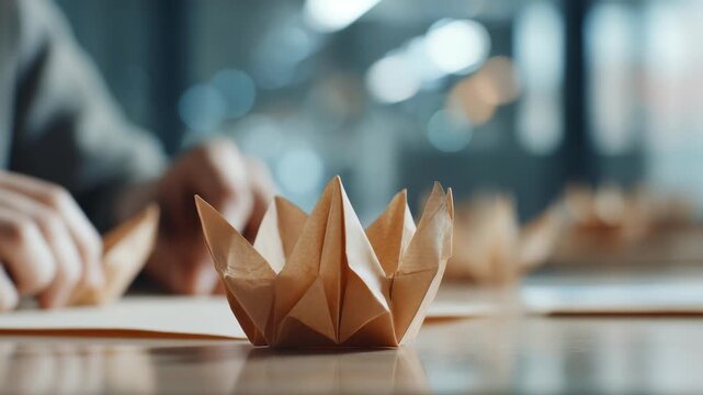 Detailed paper crown crafted from brown paper, resting on smooth wooden surface in sunlit room, representing DIY projects, artistic expression, creative activities for kids, adults alike