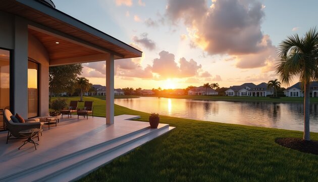 Sunset view from home patio over lake. Exterior shot shows modern architecture residence at twilight. Elegant residential community landscape with palm trees.
