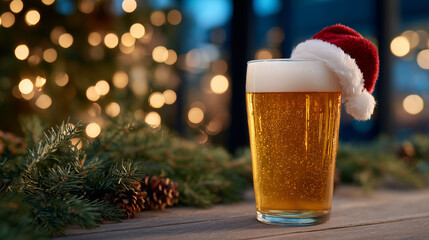 Cheerful holiday setup with frothy beer glass, tiny Santa hat on rim, festive pine branches and glowing lights creating joyful Christmas ambiance