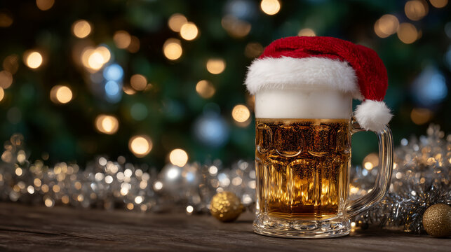 Beer mug with frothy top adorned with Santa hat, surrounded by sparkling tinsel, ornaments, and glowing fairy lights, intimate Christmas celebration vibe