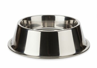 Empty stainless steel pet bowl isolated on white