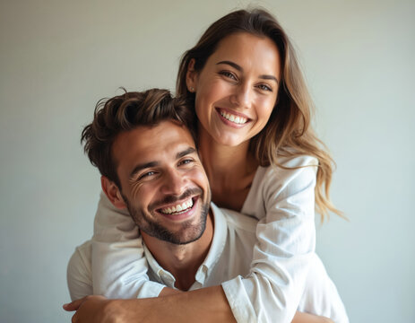 Smiling couple embracing. Woman hugs man from behind. Happy pair laughs showing white teeth. Portrait of lovers. Relationship, love, friendship, joy, happiness concept