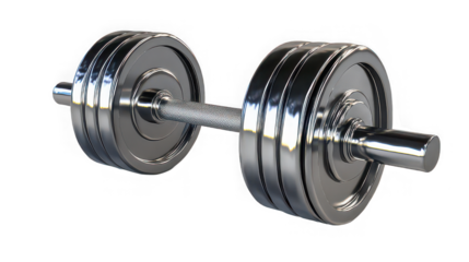 A shiny metal dumbbell with plates on a black background for a workout session at the gym