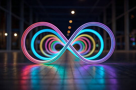 Abstract infinity loop crafted from neon glowing light tubes floating surreal futuristic design isolated on clean minimal background visionary concept