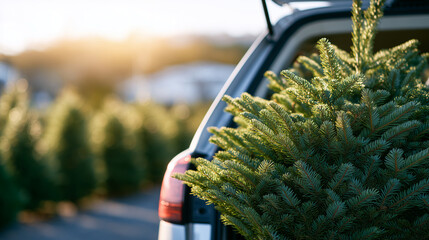 Close-up of car boot containing fir Christmas tree, branches full and green, gentle sunlight filtering, holiday spirit emphasized
