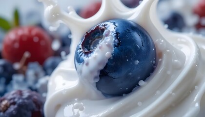 Close-up of a blueberry splashing into creamy white liquid, surrounded by other berries