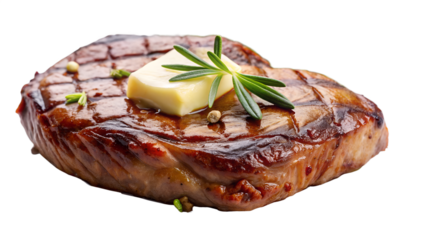 Delicious grilled steak with butter and rosemary isolated on transparent background, a culinary masterpiece that combines savory flavors with aromatic herbs for a delightful dining experience