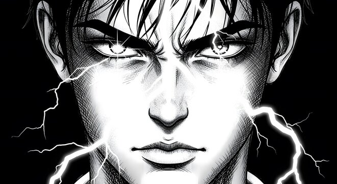 Intense close-up of a young man's face with glowing, determined eyes and lightning crackling around him, conveying power and focus.