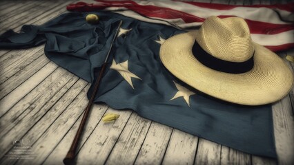 American Flag with Straw Hat and Wooden Rifle on Weathered Wooden Surface