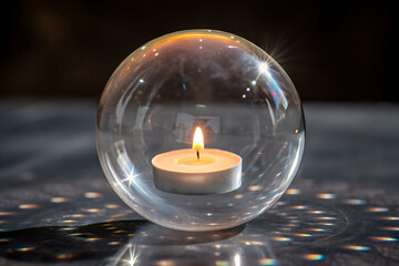 Floating candle flame glowing inside transparent crystal sphere surreal abstract concept isolated on clean minimal background visionary artistic futuristic design