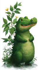 Obraz premium Whimsical Crocodile's Green Dream: A charming cartoon crocodile smiles gently, nestled amidst lush foliage and delicate flowers, a vibrant illustration of serenity and springtime joy.